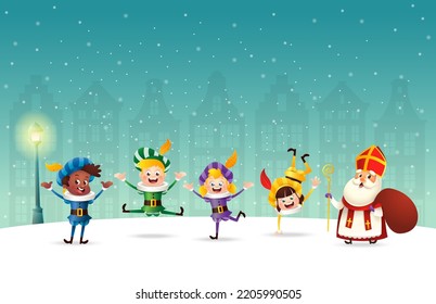 Sinterklaas or Saint Nicholas and companions celebrate winter and Christmas holidays - winter nights scene