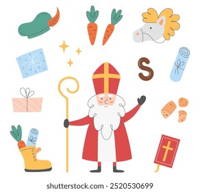 Sinterklaas or Saint Nicholas Day collection. Hand drawn icons with doodle elements. Shoe, carrots, pepernoten cookies, horse, Piet's hat etc. Vector illustration on white background.