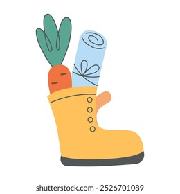 Sinterklaas or Saint Nicholas Day shoe with a carrot and letter. Hand drawn design with doodle elements. Vector illustration isolated on white background.