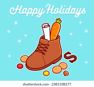 Sinterklaas (Saint Nicholas) Day tradition, shoe with carrot and letter, pepernoot cookies and candy. Happy Holidays greeting card vector illustration.