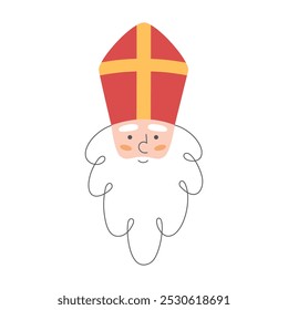 Sinterklaas or Saint Nicholas face. Hand drawn character. Winter holiday theme. Happy Saint Nicholas Day. Vector illustration in flat style isolated on white background.