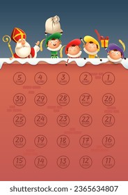 Sinterklaas or Saint Nicholas with friends (aftelkalender) Countdown calendar template - vector illustration