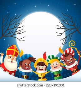 Sinterklaas - Saint Nicholas and friends celebrate holiday in front of moon - winter night background