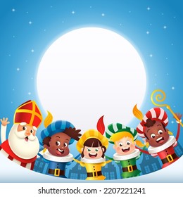 Sinterklaas - Saint Nicholas And Friends Celebrate Holiday - Winter Moonlight Scene