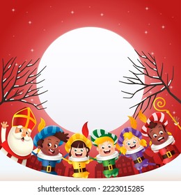 Sinterklaas - Saint Nicholas and friends celebrate holiday - winter moonlight scene