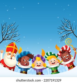 Sinterklaas - Saint Nicholas and friends girls and boys celebrate holidays - winter night background