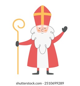 Sinterklaas or Saint Nicholas with staff in his hand. Hand drawn character. Christmas or winter holiday theme. Happy Saint Nicholas Day. Vector illustration isolated on white background.