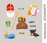 Sinterklaas or Saint Nicholas symbols - cookies, gift, horse, candy, boot - vector illustration isolated