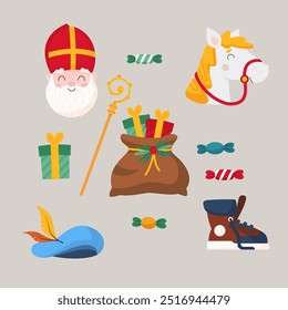 Sinterklaas or Saint Nicholas symbols - cookies, gift, horse, candy, boot - vector illustration isolated