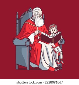 Sinterklaas, santa o abuelo leyendo un libro con un niño