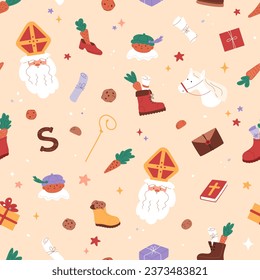 Sinterklaas seamless pattern. Saint Nicholas portrait, little piet, cute horse, cookies and carrots in shoes, gift boxes, drawing in boot. Chocolate letter. Traditional elements. Vector illustration