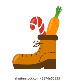 zapato de Sinterklaas con golosinas dentro. Arrancar con zanahoria y dulces. Tema del Día de San Nicolás. Festividad tradicional holandesa o belga. Ilustración vectorial aislada en fondo blanco.