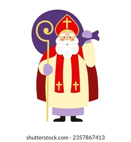 Sinterklaas or Sint-Nicolaas (Saint Nicholas) cute cartoon illustration. Christmas or winter holiday theme. Happy Saint Nicholas Day.