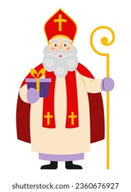 Sinterklaas or Sint-Nicolaas (Saint Nicholas) with gift box and staff in his hands. Christmas or winter holiday theme. Happy Saint Nicholas Day. Vector illustration isolated on white background.