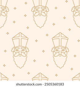 Sinterklaas or Sint-Nicolaas (Saint Nicholas) seamless pattern with line art style elements on light pastel background. Dutch holiday celebration theme. Vector minimalistic illustration.