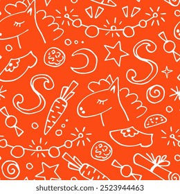 Sinterklaas, symbols of St. Nicholas Day, carrots, horse, stars. White outline on a bright orange background. Simple vector seamless pattern in doodle style.