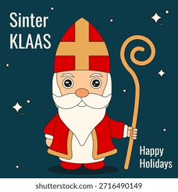 Sinterklaas. Vektorgrafik von niedlichen Sinterklaas mit Stock- und Feiertagstypografie. Perfektes Design für den Grußkartendeckel des Sinterklaas. EPS 10