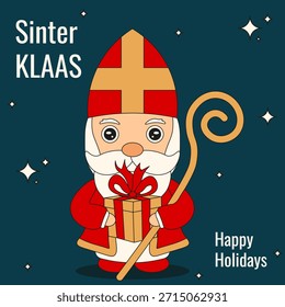 Sinterklaas. Ilustración vectorial de Sinterklaas con caja de regalo y tipografía de saludo. Diseño perfecto de la cubierta de la tarjeta del cartel de felicitación de Sinterklaas. EPS 10 Trazo editable 