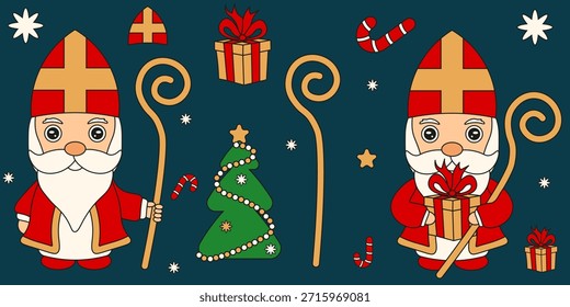 Sinterklaas-Vektorsatz. Vektorgrafik der Sinterklaas-Stick-Geschenkbox und des Weihnachtsbaums. Sinterklaas Ferienkollektion. Bearbeitbarer Strich EPS 10