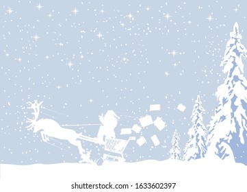 sintersklas flying in the snowing with deer on the cart full of presents that fall behind