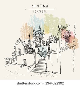 Sintra, Portugal, Europe. Pena National Palace (Palacio Nacional da Pena). Hand drawing in retro style. Travel sketch. Vintage touristic postcard, poster, calendar or book illustration in vector