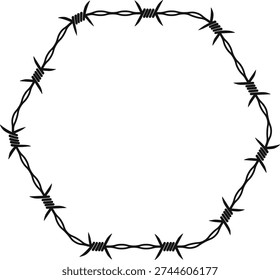 Sinuous barbed wire forming a continuous six-sided polygon with evenly distributed barbs along the twisted metal structure.