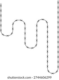 Sinuous barbed wire forming a continuous curving, sinuous line with evenly spaced barbs along its twisted metal wire.
