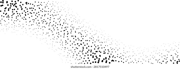 A sinuous black halftone dot gradient pattern winding across a clean white background. Abstract.