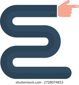 Sinuous graphic line shaped like a business hand pointing, following an S-shaped path