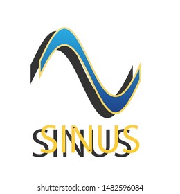 Sinus graph line icon. Blue icon with gold contour with dark gray shadow at white background. Illustration.