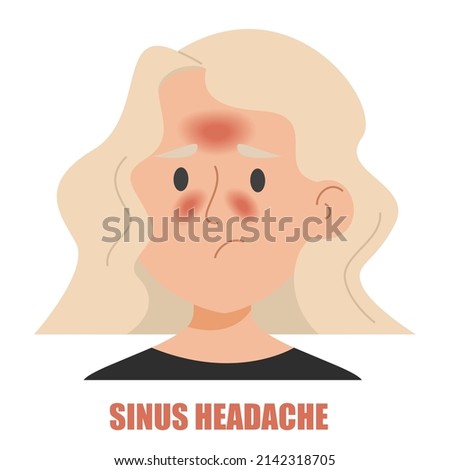 Sinus headache vector isolated. Illustration of a woman suffering from the headache caused by sinusitis or allergy. Nasal infection. Sad face.