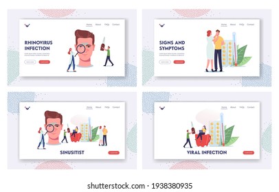 Sinusitis Landing Page Template Set. Tiny Doctors or Patient Characters at Huge Head with Sinus Cavity Inflammation due to Influenza Cold, Allergy, Nasal Infection. Cartoon People Vector Illustration