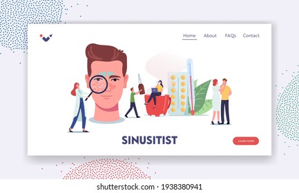 Sinusitis Landing Page Template. Tiny Doctors or Patient Characters at Huge Male Head with Sinus Cavity Inflammation due to Influenza Cold, Allergy, Nasal Infection. Cartoon People Vector Illustration