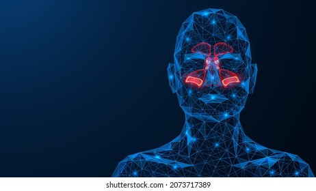 Sinusitis. Inflamación aguda de los senos parasales. Un modelo de polos bajos de líneas y puntos interconectados. Fondo azul.