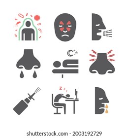 Sinusitis. Symptoms, Treatment. Flat Icons Set. Vector Signs For Web Graphics