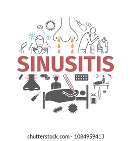 Sinusitis. Symptoms, Treatment. Line icons set.