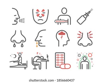 Sinusitis. Symptoms, Treatment. Line Icons Set. Vector Signs For Web Graphics