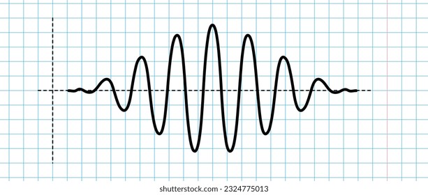 Señal de impulso sinusoide en papel de rejilla azul. Ola de sonido de curva negra en papel de cuadros. Concepto de audio de voz o música. Línea de pulso en el cuaderno escolar. Sine radiográfico electrónico. Vector