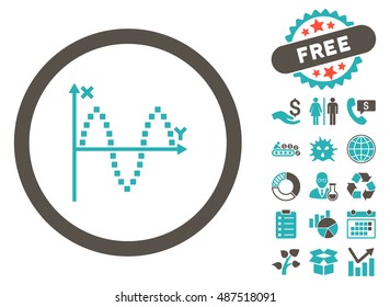 Sinusoid Plot icon with free bonus elements. Vector illustration style is flat iconic bicolor symbols, grey and cyan colors, white background.