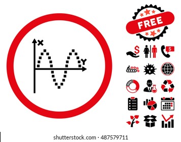 Sinusoid Plot icon with free bonus pictogram. Vector illustration style is flat iconic bicolor symbols, intensive red and black colors, white background.