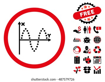 Sinusoid Plot icon with free bonus design elements. Vector illustration style is flat iconic bicolor symbols, intensive red and black colors, white background.