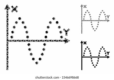 Sinusoid plot mosaic of bumpy items in variable sizes and color tints, based on sinusoid plot icon. Vector joggly items are united into collage. Sinusoid plot icons collage with dotted pattern.