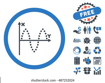 Sinusoid Plot pictograph with free bonus symbols. Vector illustration style is flat iconic bicolor symbols, smooth blue colors, white background.