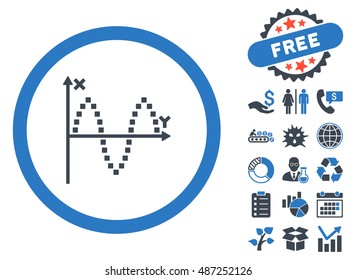 Sinusoid Plot pictograph with free bonus symbols. Vector illustration style is flat iconic bicolor symbols, smooth blue colors, white background.