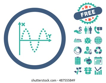 Sinusoid Plot pictograph with free bonus icon set. Vector illustration style is flat iconic bicolor symbols, cobalt and cyan colors, white background.