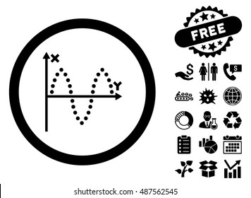 Sinusoid Plot pictograph with free bonus symbols. Vector illustration style is flat iconic symbols, black color, white background.
