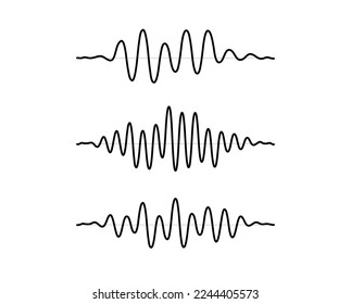 Sinusoid signal set. Black curve sound wave collection. Voice or music audio concept. Pulsating lines. Electronic radio graphics. 