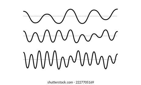 Señales sinusoides fijadas. Colección de ondas sonoras de curva negra. Concepto de audio de voz o música. Líneas de impulso. Señales de radio electrónicas con diferente frecuencia y amplitud. 