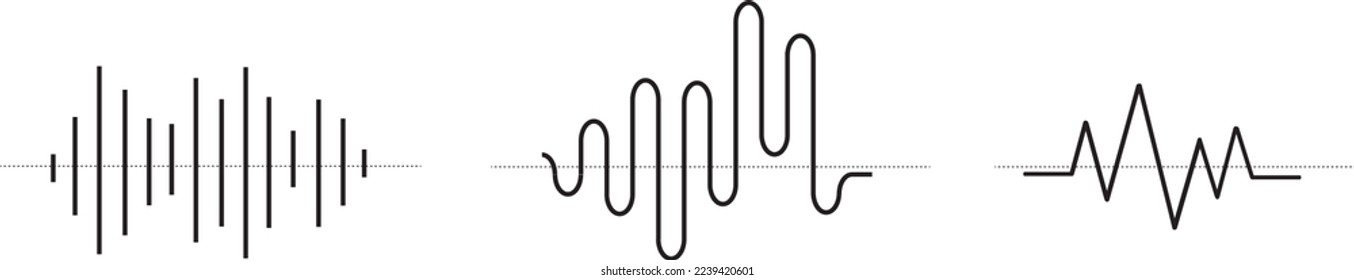 Señales sinusoides fijadas. Colección de ondas sonoras de curva negra. Concepto de audio de voz o música. Líneas de impulso. Señales de radio electrónicas con frecuencia y amplitud diferentes