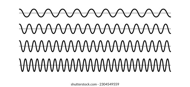 Sinusoid signals set. Black curve sound waves collection. Voice or music audio concept. Pulsating signal lines pack. Electronic radio graphics with different frequency and amplitude. Vector bundle 